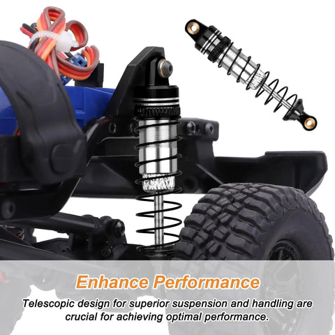 Close-up of Beefy 59mm Aluminum Long Threaded Shocks Front And Rear Oil Filled Dampers for 1 18 RC Crawler on vehicle suspension