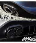 Comparison of exhaust before and after installing Mercedes Benz W177 A35 AMG Four Exhaust Tips Pipe Turbo Muffler Rear Bumper Trim Frame