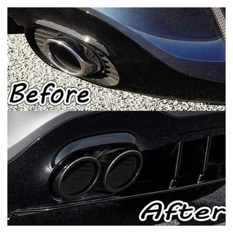 Comparison of exhaust before and after installing Mercedes Benz W177 A35 AMG Four Exhaust Tips Pipe Turbo Muffler Rear Bumper Trim Frame