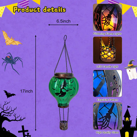 Halloween Outdoor Decoration Hot Air Balloon Solar Lantern with Flickering Flame Hanging Lanterns; green glass with witch design