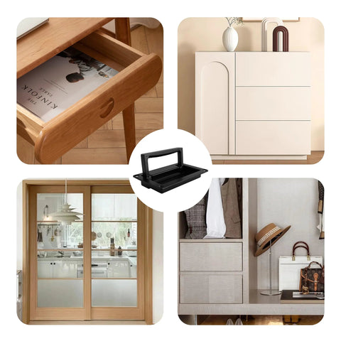 Zinc Alloy Recessed Pull Handle Heavy Duty Black Flush Door Handle for furniture, placed on wooden and modern cabinet surfaces