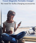 Woman using Magnetic Portable Charger 10000mAh Power Bank With 20W Fast Charge and Built In Cable at airport.