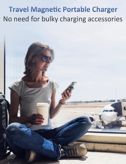 Woman using Magnetic Portable Charger 10000mAh Power Bank With 20W Fast Charge and Built In Cable at airport.