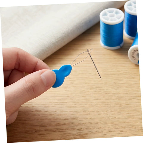 Gourd Shaped Needle Threader Tool Kit For Embroidery And Sewing, 100pc Plastic And Metal Threading Aids, Quick Threading Needle Tool For Home And Travel, Smooth Thread Insertion And Effortless Stitching, blue plastic threader in hand