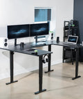 Rock Solid U Shaped Standing Desk Converters 83 By 60 Inches Black Sit Stand Converter with dual monitors and laptop setup.
