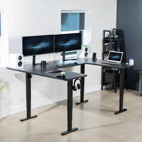Rock Solid U Shaped Standing Desk Converters 83 By 60 Inches Black Sit Stand Converter with dual monitors and laptop setup.