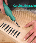 Electric Wood Carving Tool Kit For Beginners And Pros A Versatile Precision Engraving Set With 20 Blades Great For Sculptors, Hobbyists And Artists, Perfect For DIY Woodworking And Detailed Creative Carving in use on wood with blades shown.