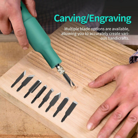 Electric Wood Carving Tool Kit For Beginners And Pros A Versatile Precision Engraving Set With 20 Blades Great For Sculptors, Hobbyists And Artists, Perfect For DIY Woodworking And Detailed Creative Carving in use on wood with blades shown.