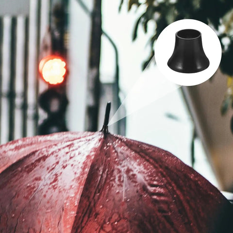 Top Shelf Black Plastic Umbrella Tip Protector Caps For Long Handle Canes And Patio Parasols on red umbrella, showing snug fit and heavy duty design.