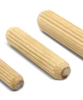 Three sizes of birch wood fluted dowel pins for strong joints in DIY projects, part of Birch Wood Fluted Dowel Pins In A 400 Piece Variety Bucket.