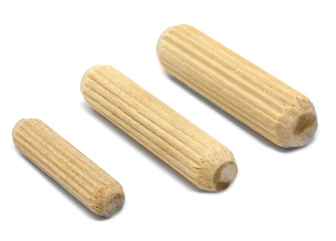 Three sizes of birch wood fluted dowel pins for strong joints in DIY projects, part of Birch Wood Fluted Dowel Pins In A 400 Piece Variety Bucket.