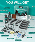 Three In One Fishing Rod Repair Kit With Epoxy Glue And Wrapping Thread Rod Tips And Guide Eyelets Replacement Complete Fishing Pole Repair Supplies for fixing breaks and eyelet cracks, displayed with components including epoxy, rod tips, and eyelets spread out on a surface.