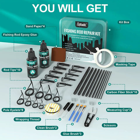 Three In One Fishing Rod Repair Kit With Epoxy Glue And Wrapping Thread Rod Tips And Guide Eyelets Replacement Complete Fishing Pole Repair Supplies for fixing breaks and eyelet cracks, displayed with components including epoxy, rod tips, and eyelets spread out on a surface.