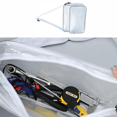 Inside view of 15 Point 7 Inch Transparent Anti Static Cleanroom Engineer Shoulder Bag With Adjustable Strap Durable Abrasion Resistant Pvc Tool Hauler.