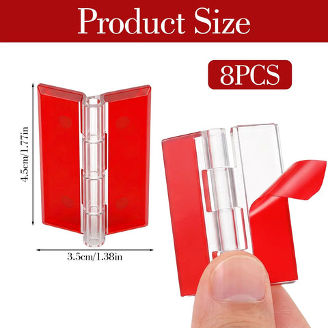 Close-up of 8 Pack Clear Acrylic Self Adhesive Hinges 45x35mm with red peel-off adhesive backing