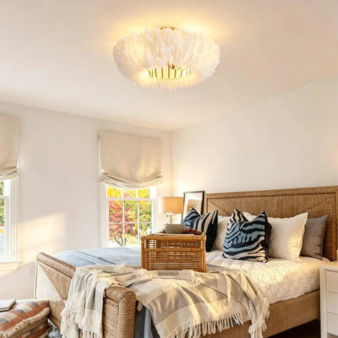 20" Feather Decor Flush Mount Ceiling Fan with Remote, 6 Speed Reversible DC Caged Ceiling Fan Light Combo in cozy bedroom.