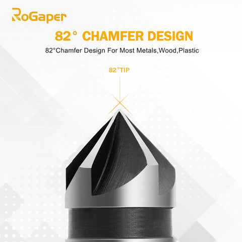 82 Degree Five Flute Countersink Drill Bit Set, close-up of 82° chamfer design tip for metal, carbon steel, and wood
