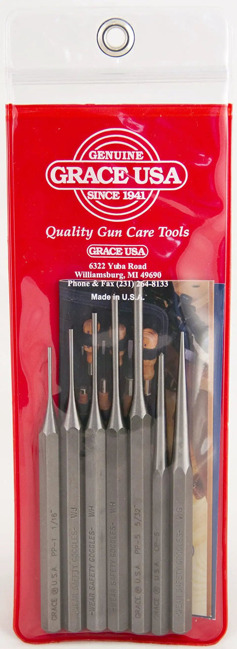 Steel Punch Set For Gunsmiths Seven Piece Nickel Chrome Plated Tools With Center And Starter Punches In Vinyl Pouch Made In USA