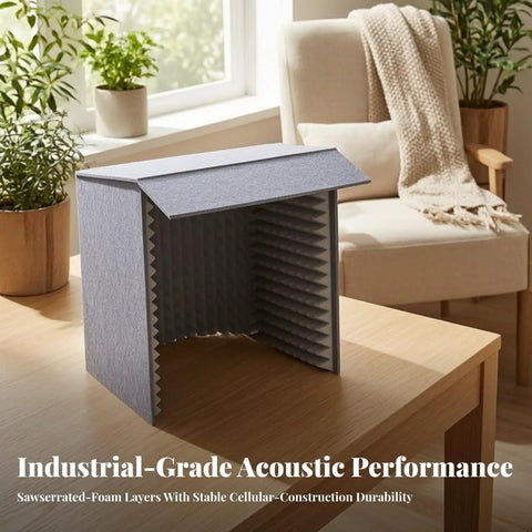 Kickass Desktop Acoustic Soundproof Booth With Thick Foam And Felt Panels For Vocal Recording Podcasts Streams Home Studio Kill Echo Foldable Mic Enclosure, grey foam construction on wooden table.