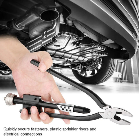 Person using Pro Grade Lockwire Twisting Pliers Set 8.1 Inch 10.6 Inch High Carbon Steel Jaws under car for maintenance