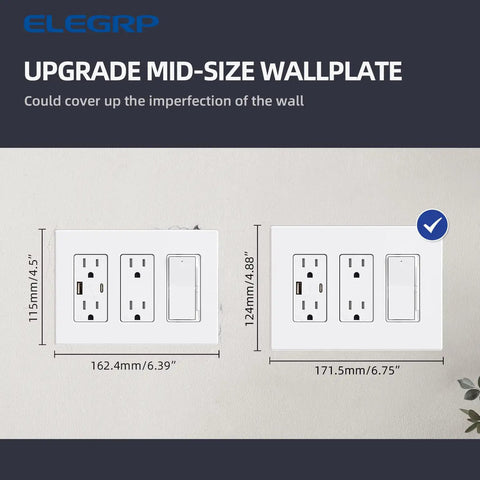 Comparison of 3 Gang Screwless Decorative Wall Plate Cover Mid Size Unbreakable Thermoplastic Faceplate for Decorator Receptacle Outlet Switch UL Listed 5 Pack Matte White dimensions.