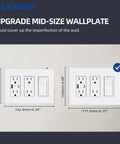 3-Gang Screwless Sleek Decorative Wall Plate Mid-Size Unbreakable Thermoplastic Faceplate Cover For Decorator Receptacle Outlet Switch UL Listed Matte White 10 Pack, shown with measurements for fitment comparison on a wall.