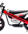 Kids Electric Dirt Bike With 24V 300W Motor, Two Speed Settings, Flashing LED Lights, Builtin Music Function, Durable Electric Bike For Ages Six And Up, Red side view with knobby tires
