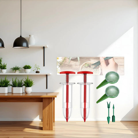 Six Piece Mini Seed Spreader Set for Tiny Seeds showing handheld seed dispensers and garden tools on wooden table.