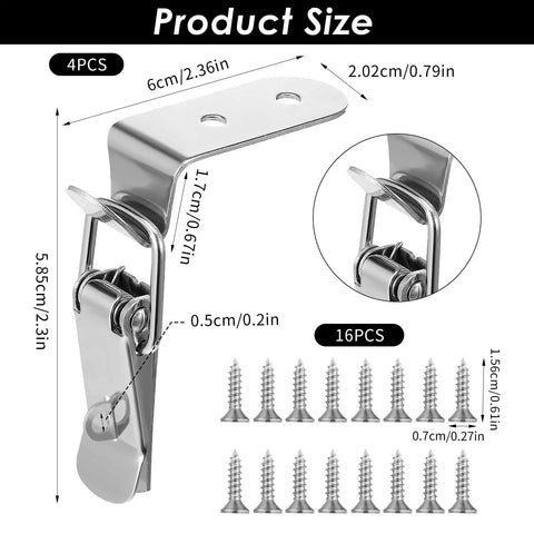 4 Pack 90 Degree Stainless Steel Toggle Latches With Spring Loaded Hasp Locks For Wooden Tool Boxes Cabinets Chests Includes 16 Screws Easy Install Clip Buckle System For Secure Closure, dimensions and screws shown