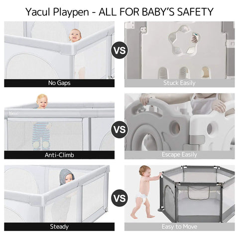 Comparison of safety features in different baby playpens, highlighting benefits of extra large baby playpen with mat 79 by 71 inches.