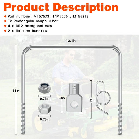 M157573 Front Deck Hanger And Draft Rod U-Bolt Replacement For Zero Turn Mower Built Tough with dimensions and components.