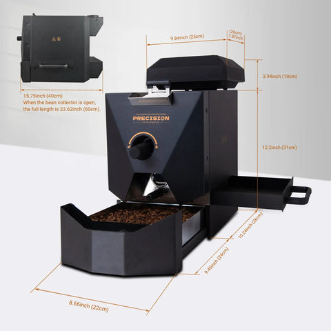 Home Coffee Roaster For Easy Auto And Manual Roasting Modes, Smoke Filter For Light Roasts, Two Chimney Tubes And Chaff Collector, Plug And Play Setup, Brew At Home Like A Pro, Simple, User Friendly Operation shown with dimensions