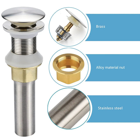 Stainless Steel Brushed Nickel Pop Up Sink Drain With Detachable Strainer Basket, Bathroom Sink Stopper Without Overflow parts