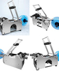 Desktop Round Bottle Labeling Machine Semi Automatic for Plastic Glass Metal Bottles with adjustable rollers and blue label roll.