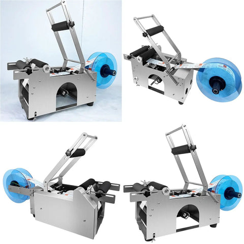 Desktop Round Bottle Labeling Machine Semi Automatic for Plastic Glass Metal Bottles with adjustable rollers and blue label roll.