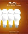Relax 8 Pack 40 Watt Equivalent Dimmable Warm White A19 LED Bulbs With 450 Lumens, 5.5 Watt, 2700K Soft White packaging