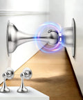 Heavy Duty Magnetic Door Stopper Set In Brushed Nickel For Bottom Of Doors That Keeps Doors Open Wall And Floor Mount Stainless Steel Door Catch 2 Pack shown in use.