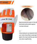 Chainsaw Protection Gloves For Left Hand Back, Cut Resistant EN ISO 11393-4 Class 0, Cow Leather Palm, orange back view