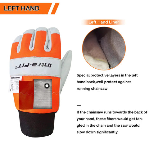 Chainsaw Protection Gloves For Left Hand Back, Cut Resistant EN ISO 11393-4 Class 0, Cow Leather Palm, orange back view