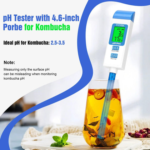 Long 4.6 Inch pH Probe Digital pH Meter For Water And Fermentation ATC Temperature Readout in kombucha jar
