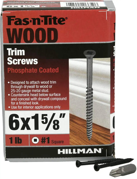 Slick Black Trim Screws 0.625 Inches With Square Drive And Sneaky Low Profile Head For Smooth Finish inside box showing screws and bit.