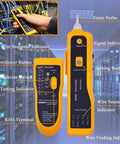No Fuss Multi-Function Heavy-Duty Network Cable Tester Tool Kit features testing indicators and RJ45 terminal in yellow design.