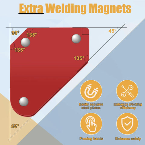 Image of 49 Pieces Steel Welding Practice Kit With Magnets And Coupons, showing red welding magnet angles and benefits icons.