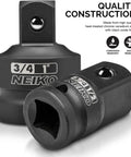 Garage Ready Eight Piece Impact Socket Adapter And Reducer Set For One Quarter Three Eighths One Half Three Quarters And One Inch Drives CrV Steel Ball Detent Locking Adapters SAE Size Converter Kit For Impact Wrench And Driver, showing two black adapters with size markings.