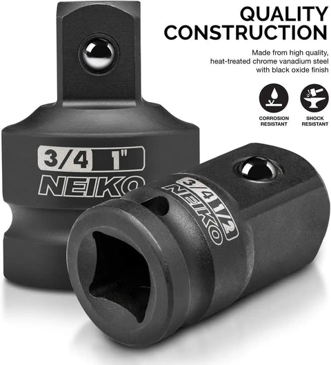 Garage Ready Eight Piece Impact Socket Adapter And Reducer Set For One Quarter Three Eighths One Half Three Quarters And One Inch Drives CrV Steel Ball Detent Locking Adapters SAE Size Converter Kit For Impact Wrench And Driver, showing two black adapters with size markings.