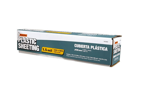 P1250R Heavy Duty High Density Drop Cloths 12 Ft By 50 Ft 1.5 Mil Clear Plastic Sheeting Roll packaging