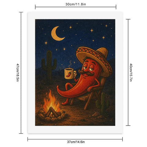 Desert Camp Pepper Paint By Numbers Kit For Adults Beginners With Frameless Textured Canvas 24 Vibrant Acrylic Paints 3 Quality Brushes And 2 Hooks With Screws For Easy At Home Chill And Create Art featuring a pepper relaxing by a campfire.