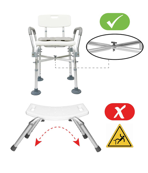 Heavy Duty Shower Chair With Arms And Back For Inside Showers, Double Reinforced Crossbar, Foam Cushion, with non-slip feet