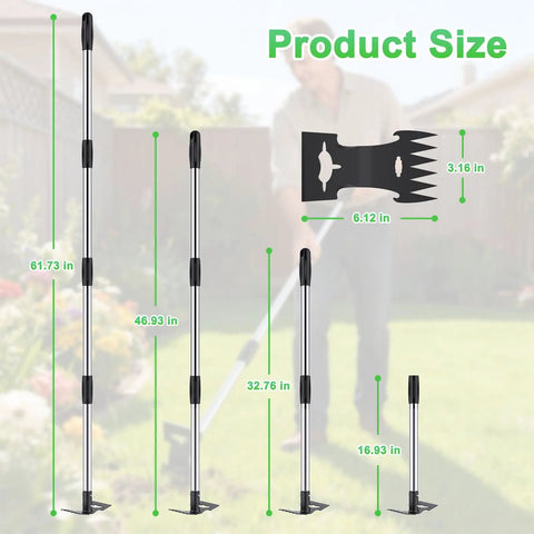 2 In 1 Weed Puller And Garden Hoe With Adjustable Long Handle product size guide with height measurements and tool component illustrations.