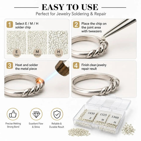 Instructional guide showing use of About 500 Silver Solder Chips For DIY Jewelry Making 2x2 mm Ultra Tiny Precut Pellets 4.5 g Total E/M/H